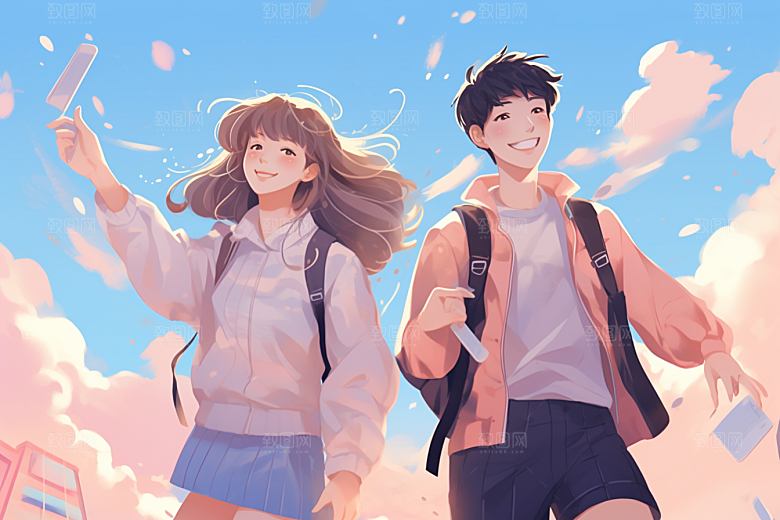 学生放暑假放假了结业插画
