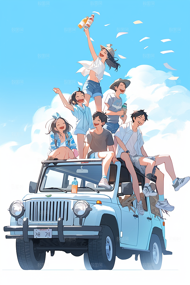 学生放暑假手绘放假了插画