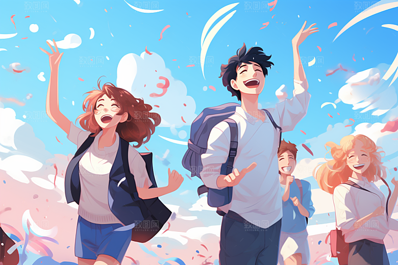 学生放暑假放假了毕业旅游插画