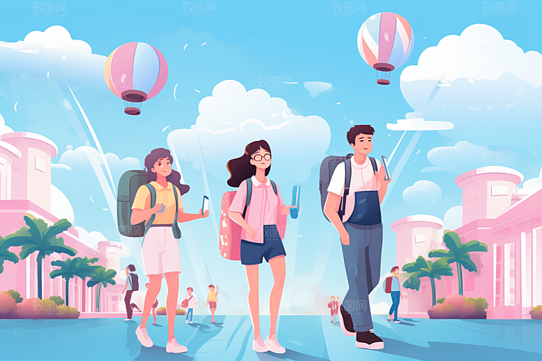 学生放暑假旅游手绘插画