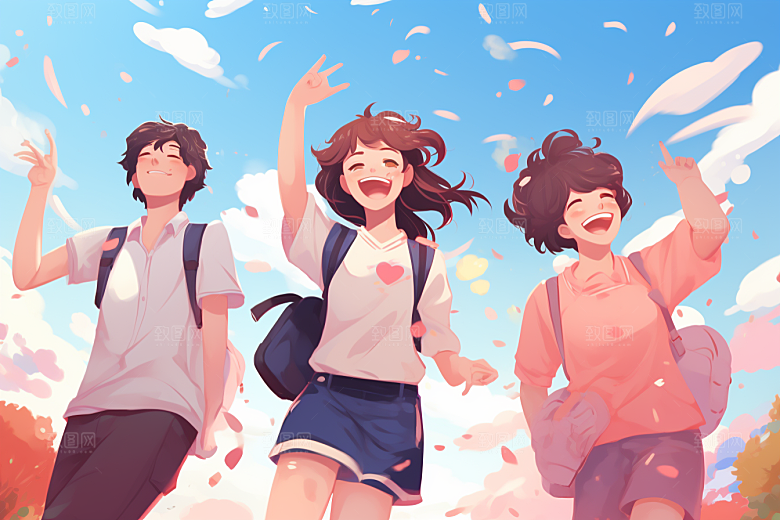 学生放暑假夏天出游插画