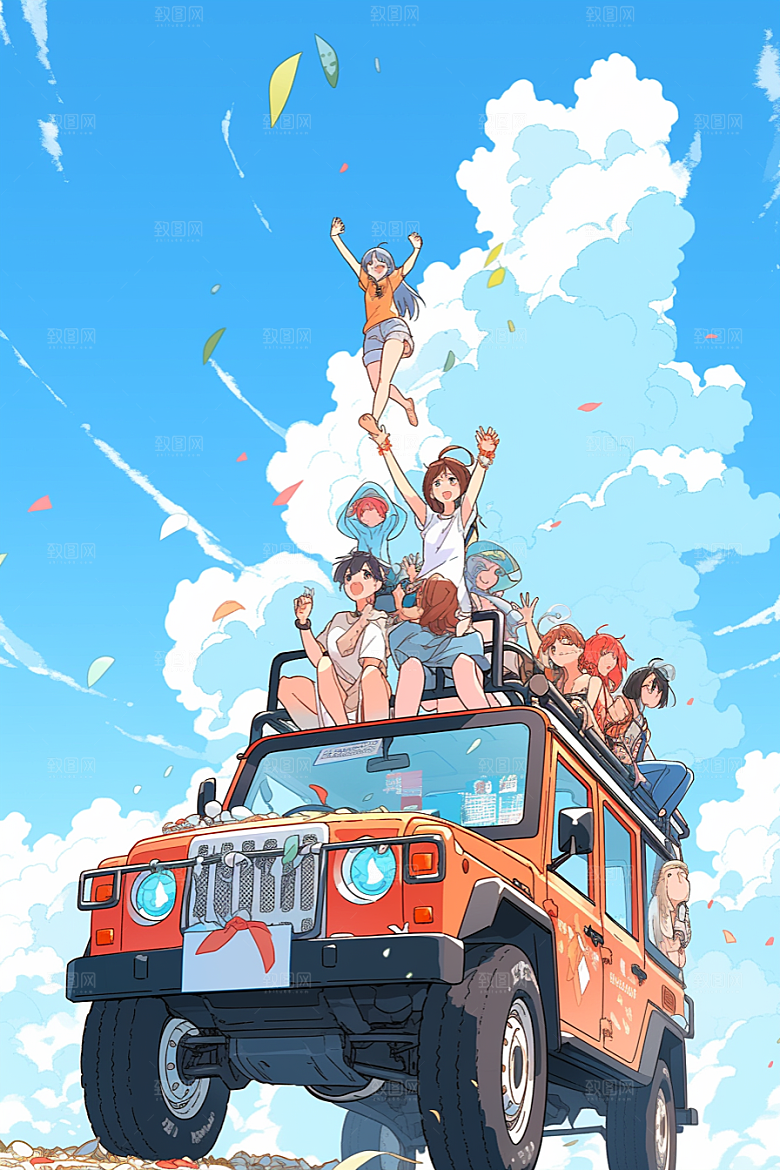 学生放暑假夏天出游插画