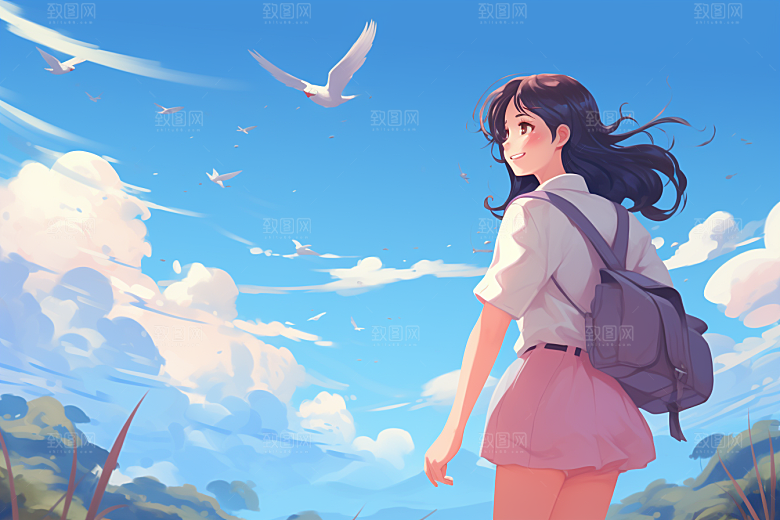 学生放暑假夏天放假了插画
