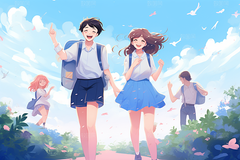 学生放暑假结伴夏季插画