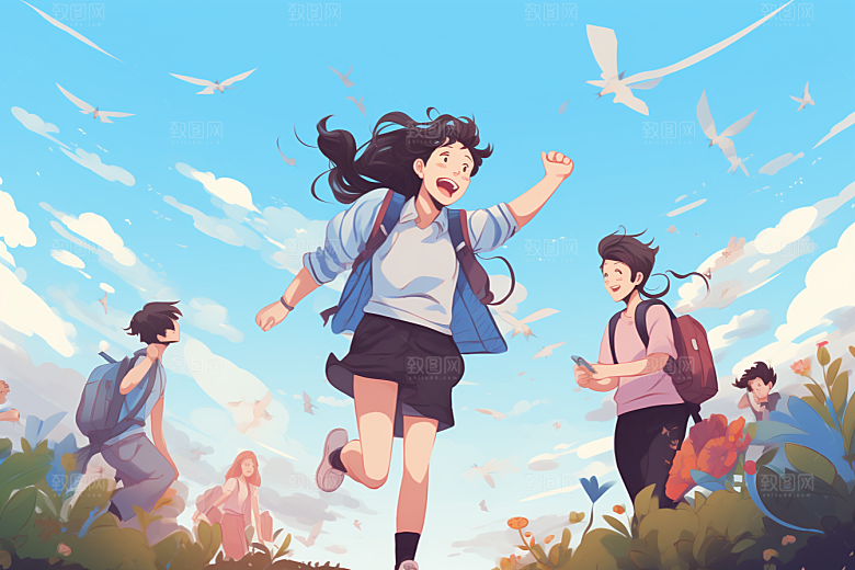 学生放暑假旅游手绘插画