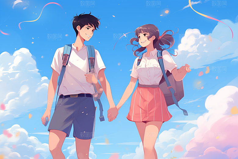 学生放暑假夏天出游插画