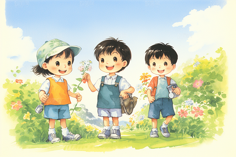 学生放暑假毕业旅游漫画风插画