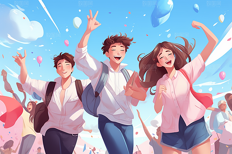 学生放暑假漫画风结业插画