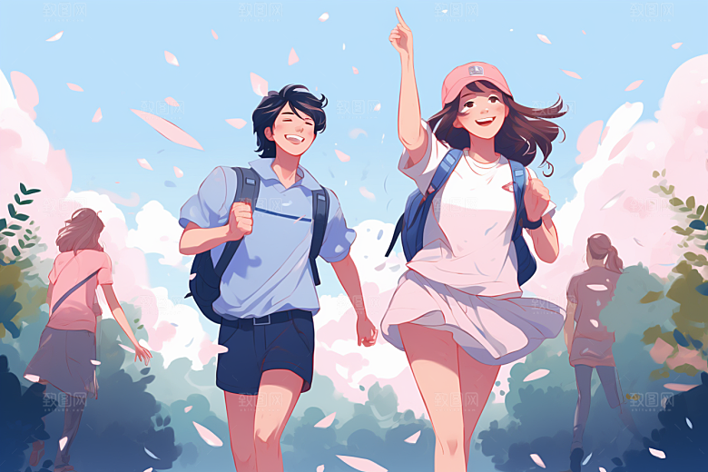 学生放暑假结业夏天插画