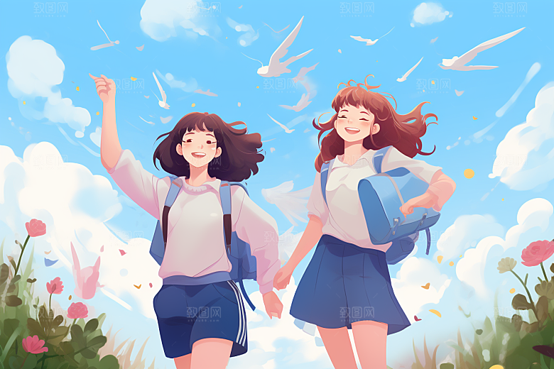 学生放暑假放假了毕业旅游插画