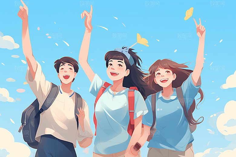 学生放暑假快乐漫画风插画
