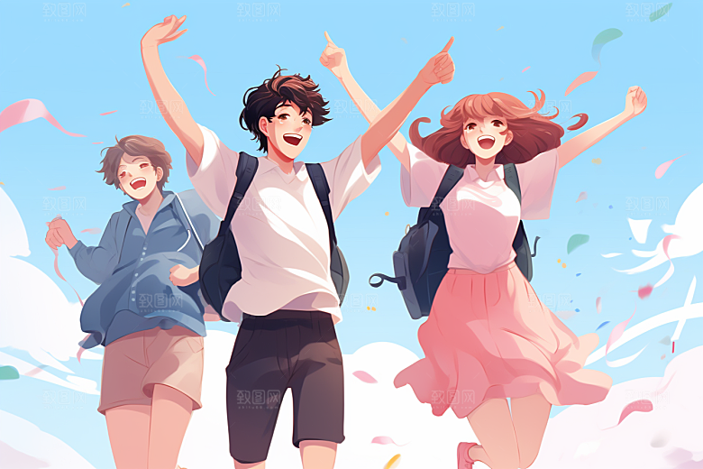 学生放暑假手绘漫画风插画
