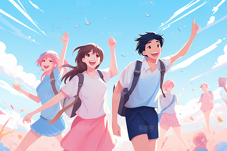 学生放暑假快乐旅游插画