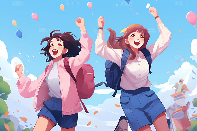 学生放暑假出游结业插画