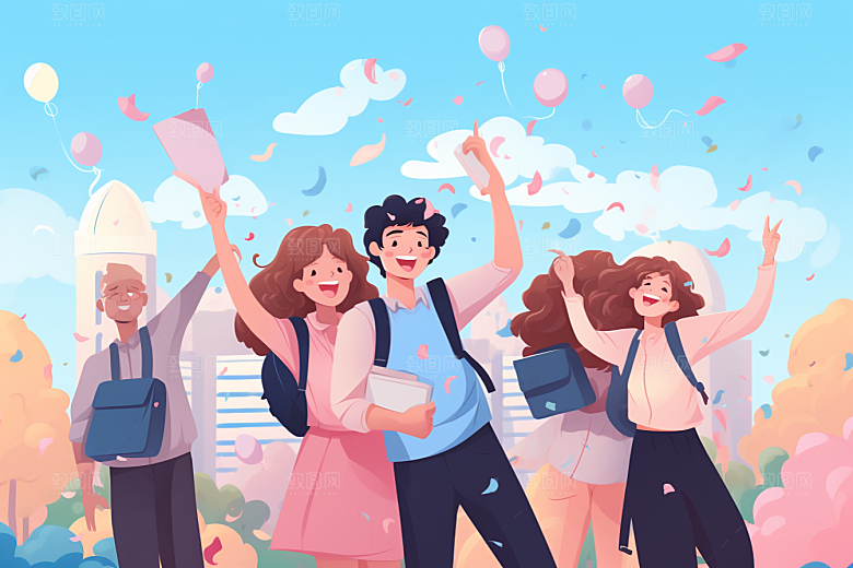学生放暑假结伴夏天插画