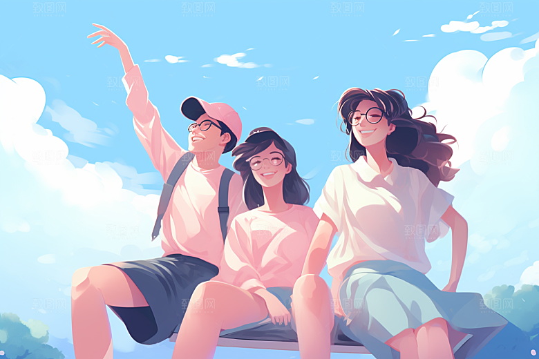 学生放暑假结业出游插画