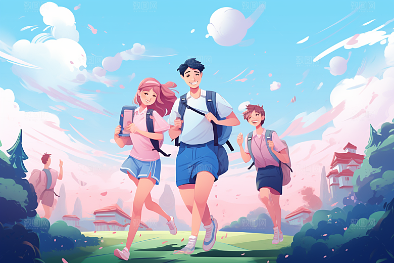学生放暑假出游夏天插画