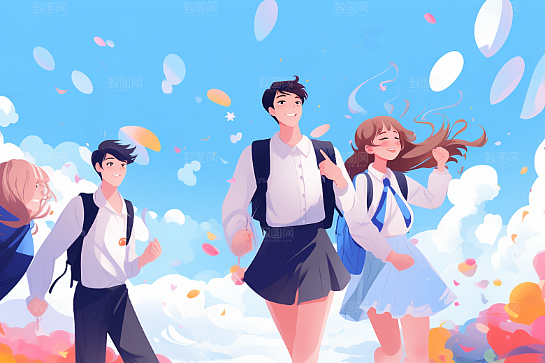 学生放暑假毕业旅游快乐插画
