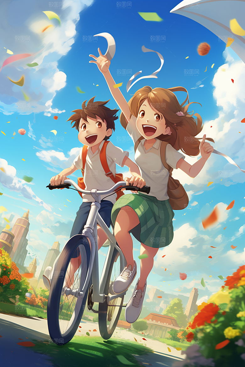 学生放暑假结伴毕业旅游插画
