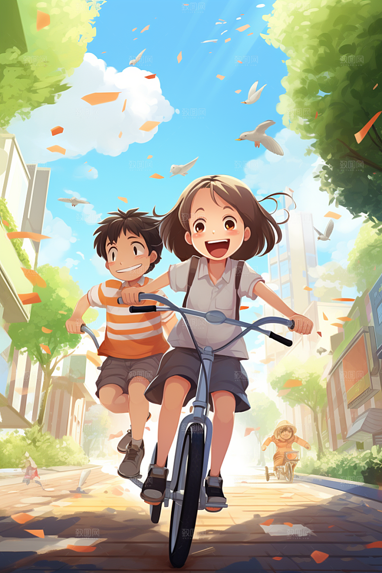 学生放暑假结业出游插画