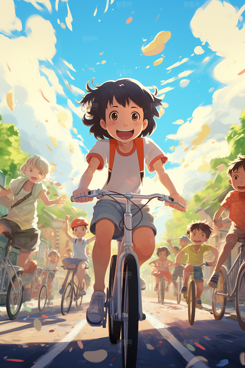 学生放暑假夏季结伴插画