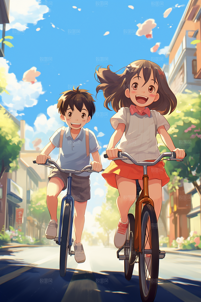 学生放暑假漫画风旅游插画