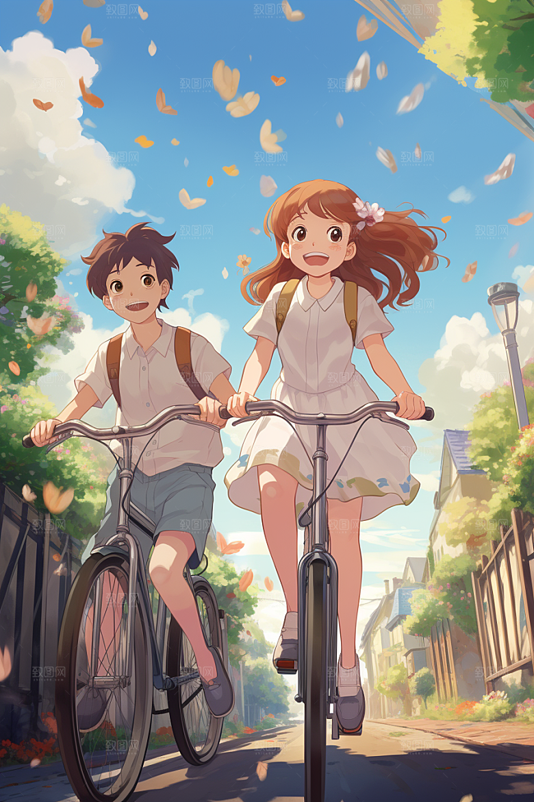 学生放暑假结伴快乐插画