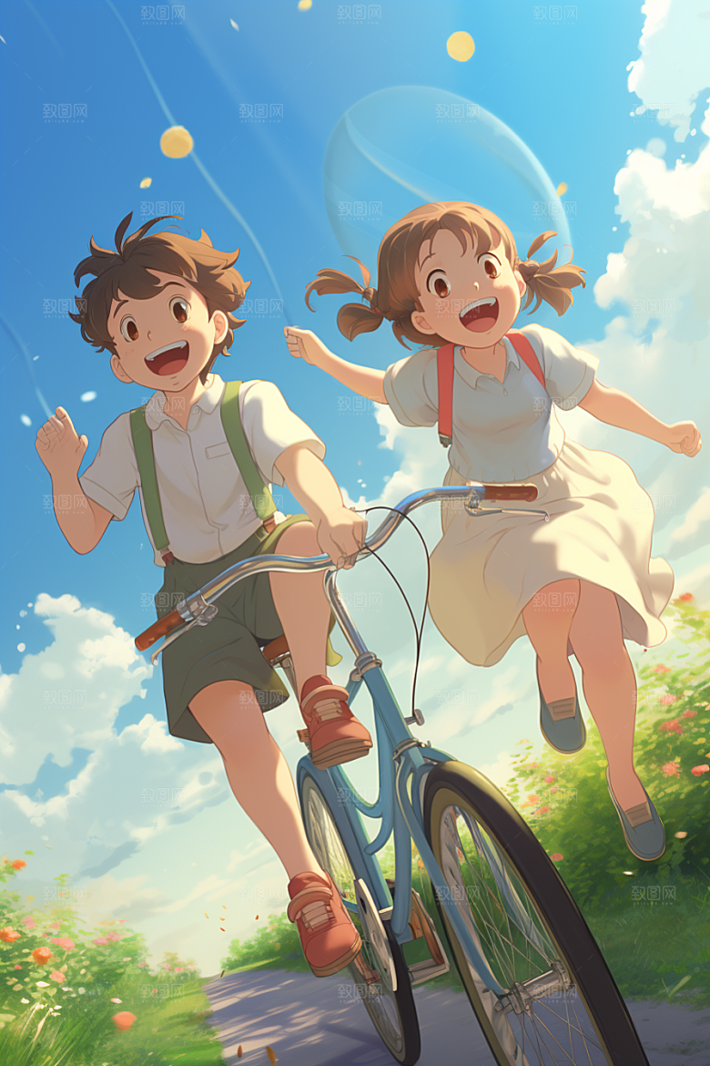 学生放暑假结伴结业插画