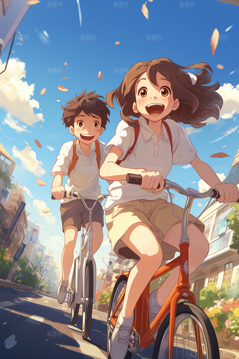 学生放暑假旅游漫画风插画