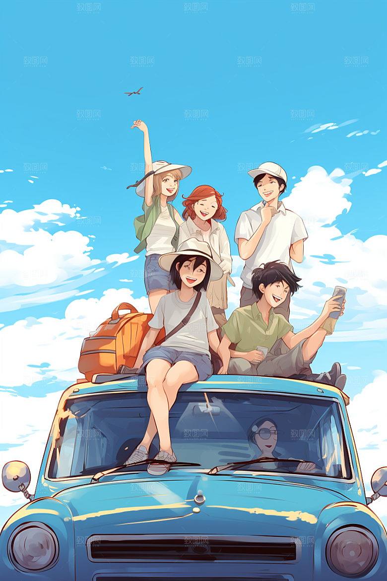 学生放暑假结业毕业旅游插画