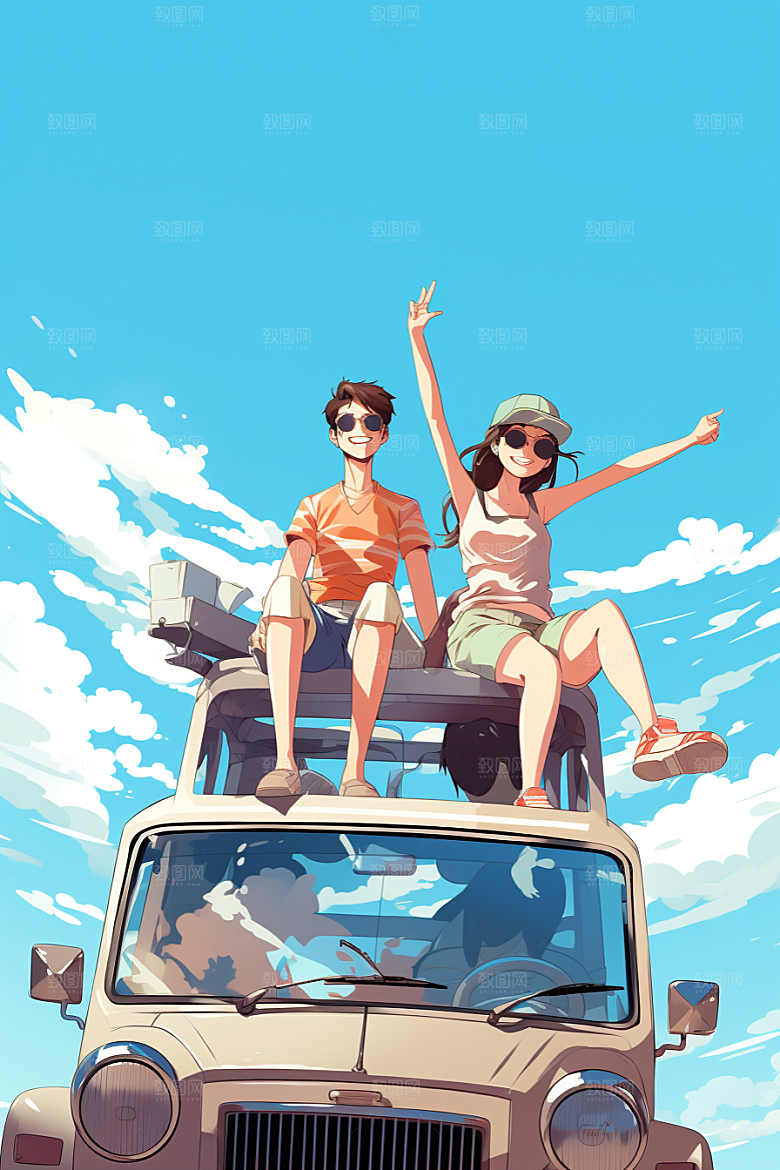 学生放暑假毕业旅游出游插画