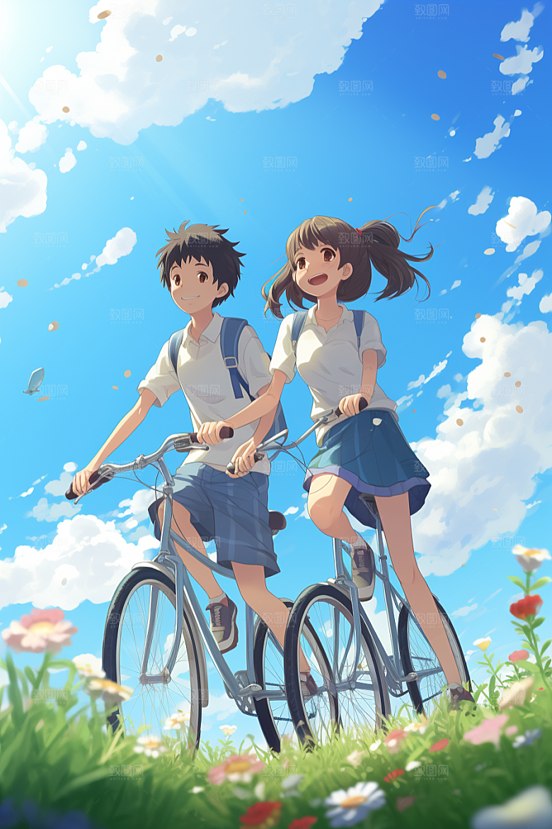 学生放暑假放假了结伴插画