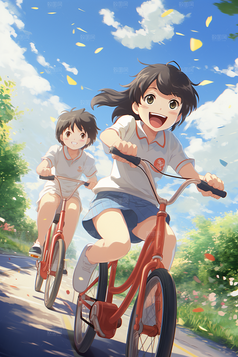 学生放暑假结伴快乐插画