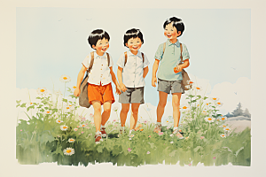 学生放暑假毕业旅游夏天插画