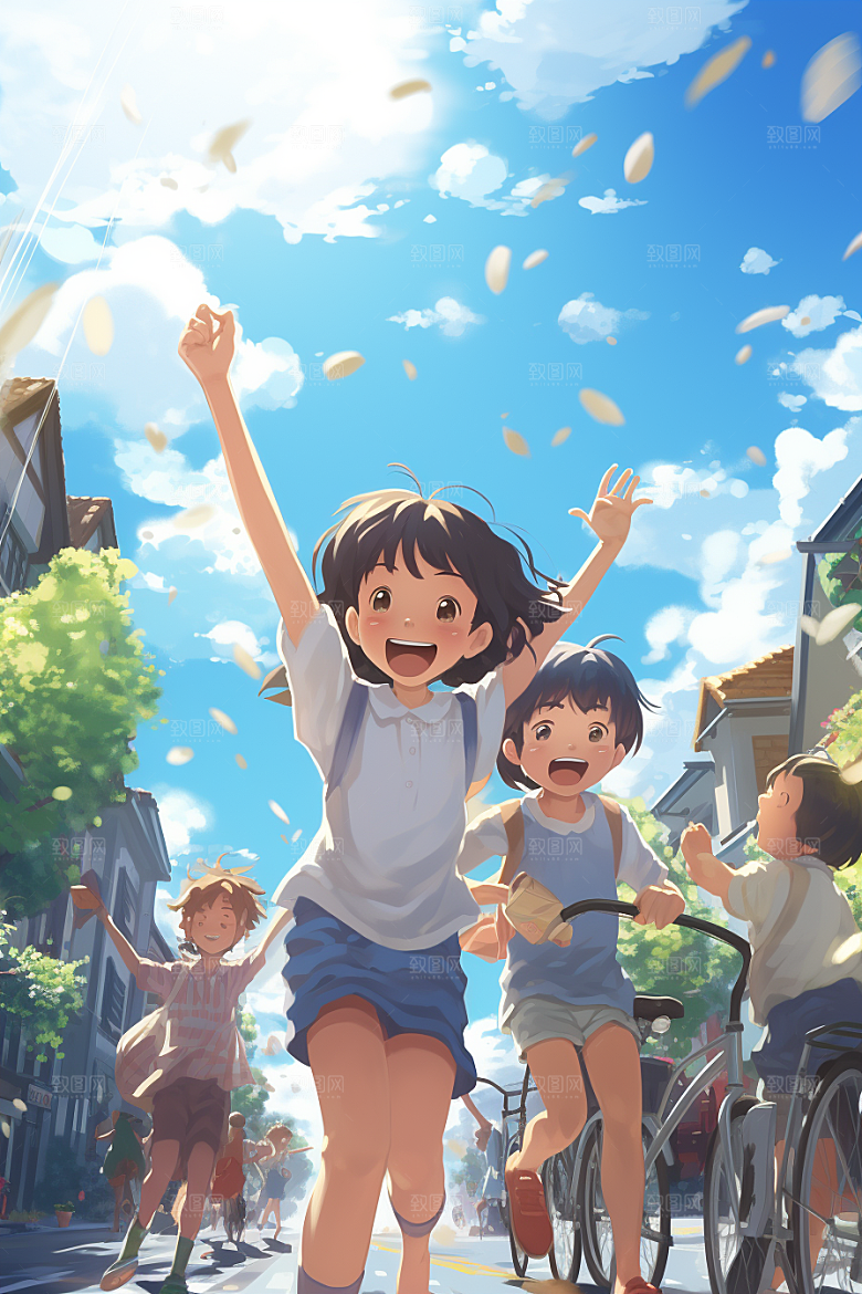 学生放暑假旅游漫画风插画