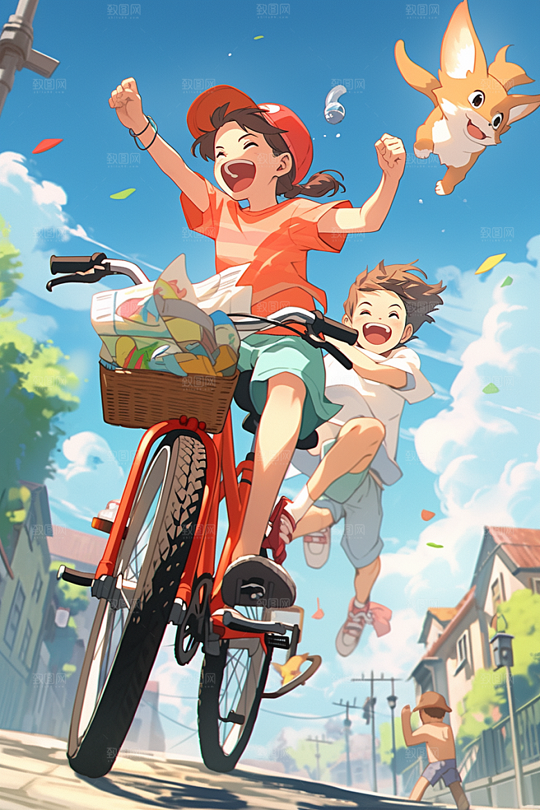 学生放暑假夏天结伴插画
