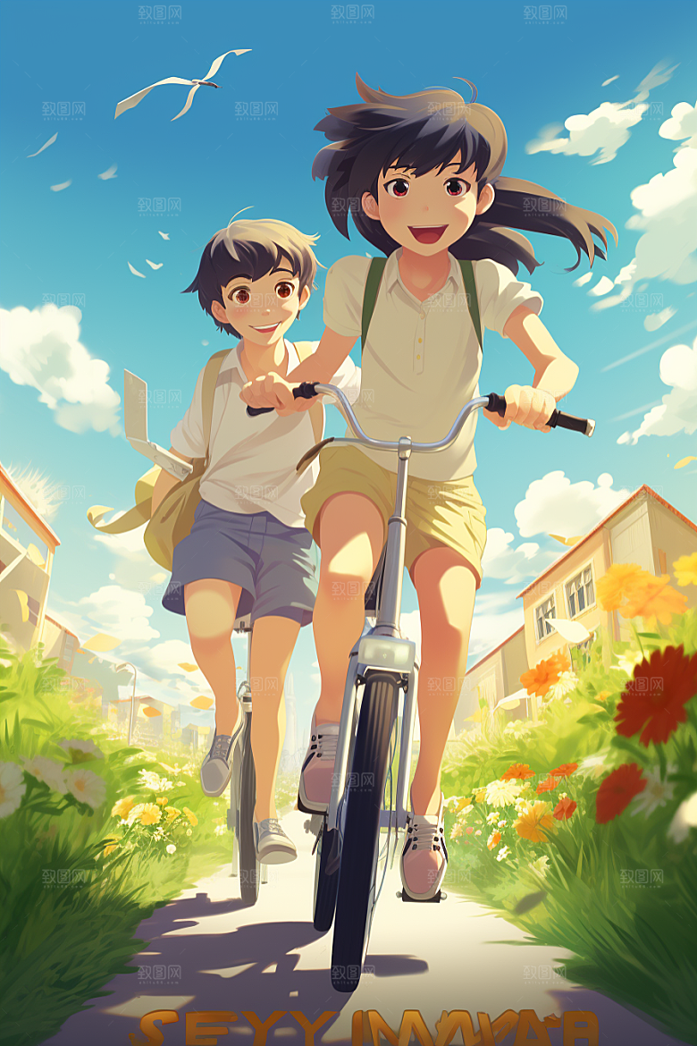 学生放暑假快乐漫画风插画