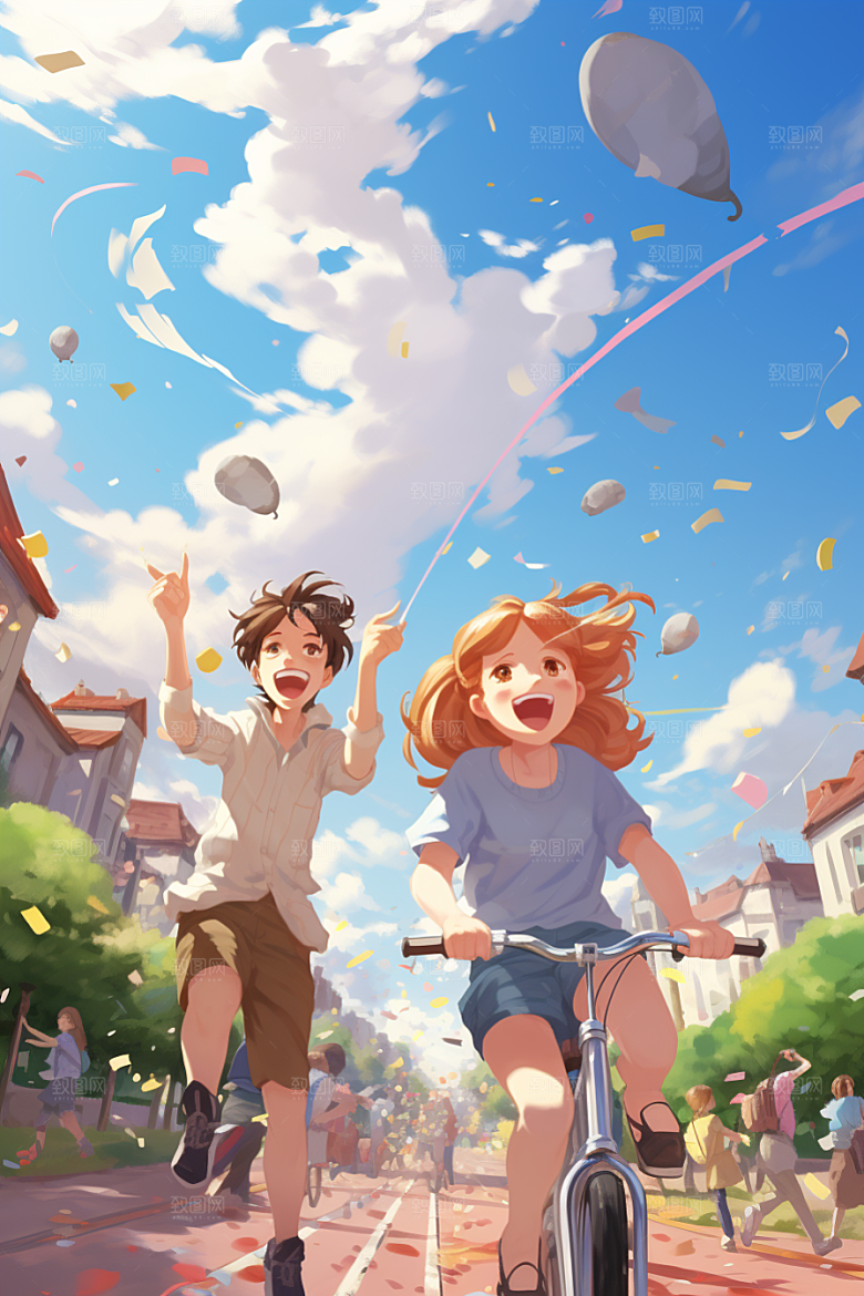 学生放暑假快乐旅游插画