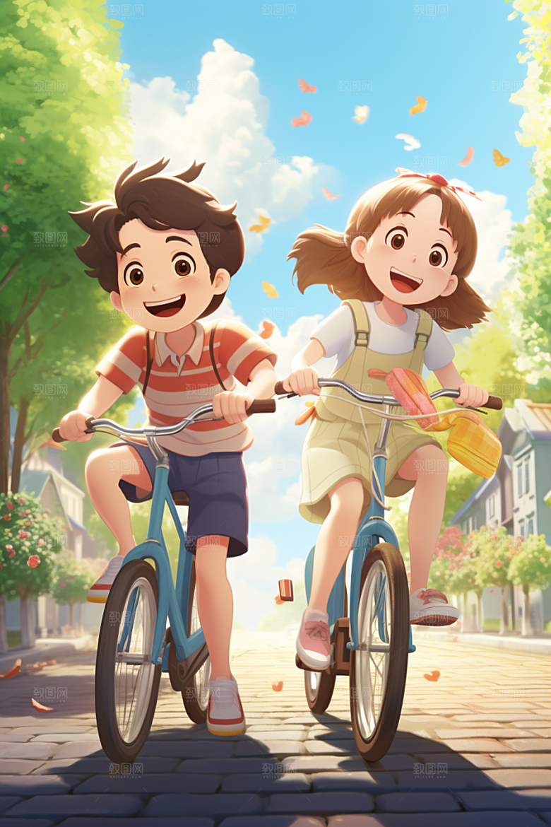学生放暑假夏天漫画风插画