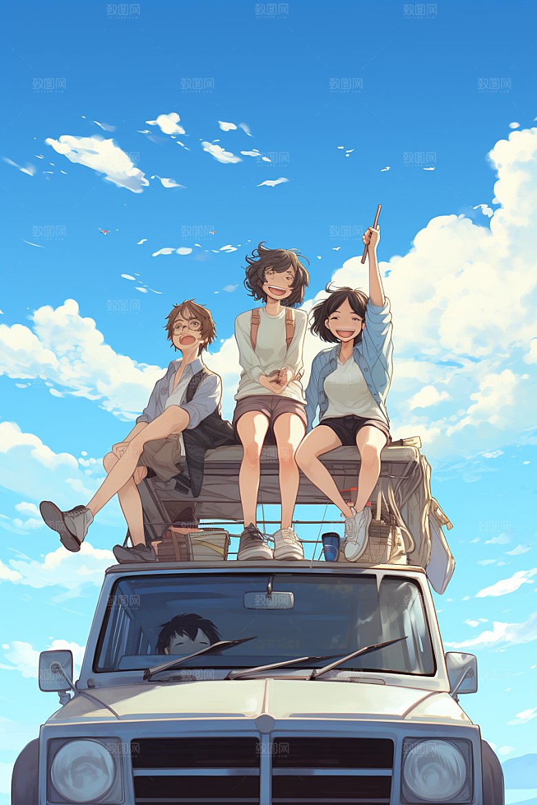 学生放暑假毕业旅游放假了插画