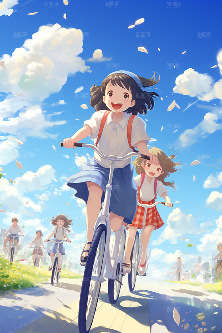 学生放暑假旅游手绘插画