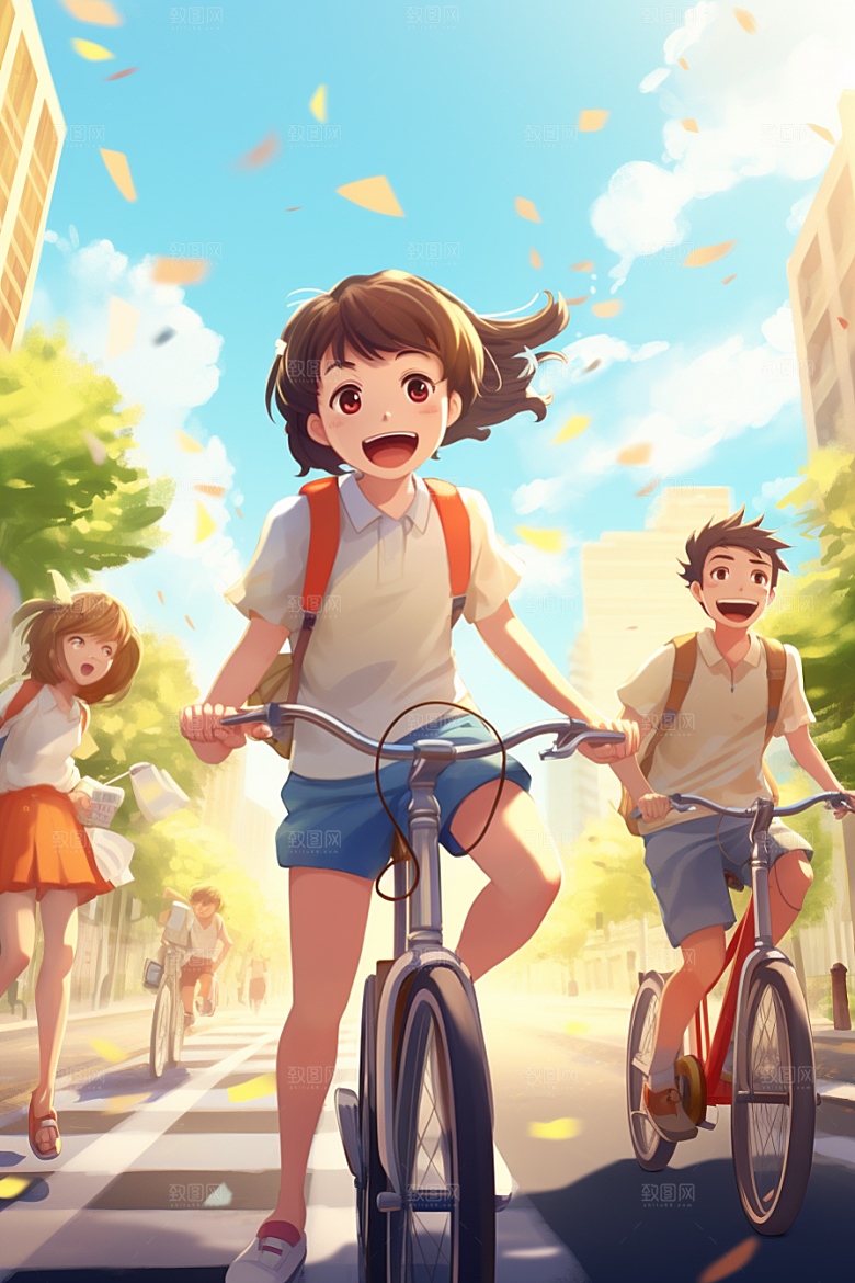 学生放暑假夏季结伴插画