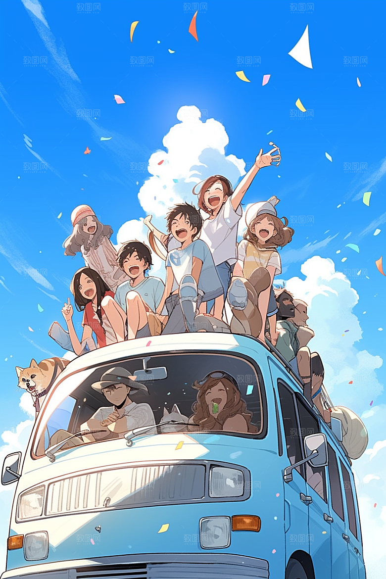 学生放暑假旅游手绘插画