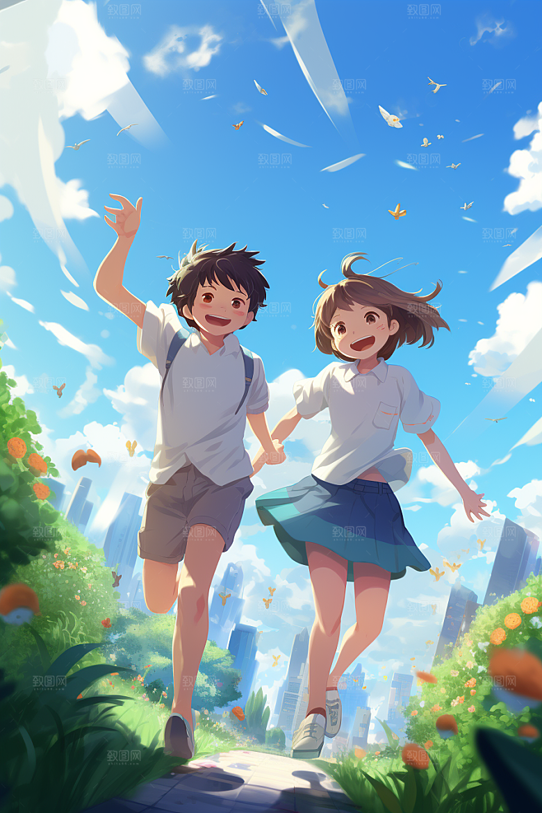 学生放暑假结伴快乐插画