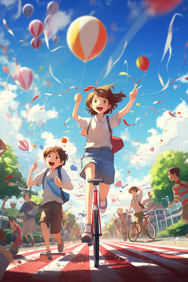 学生放暑假夏天结伴插画
