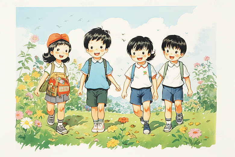学生放暑假旅游放假了插画