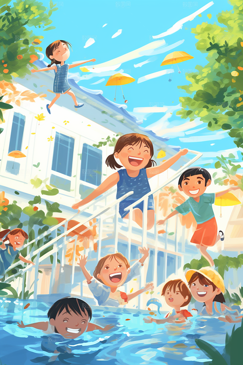 学生放暑假结伴夏天插画