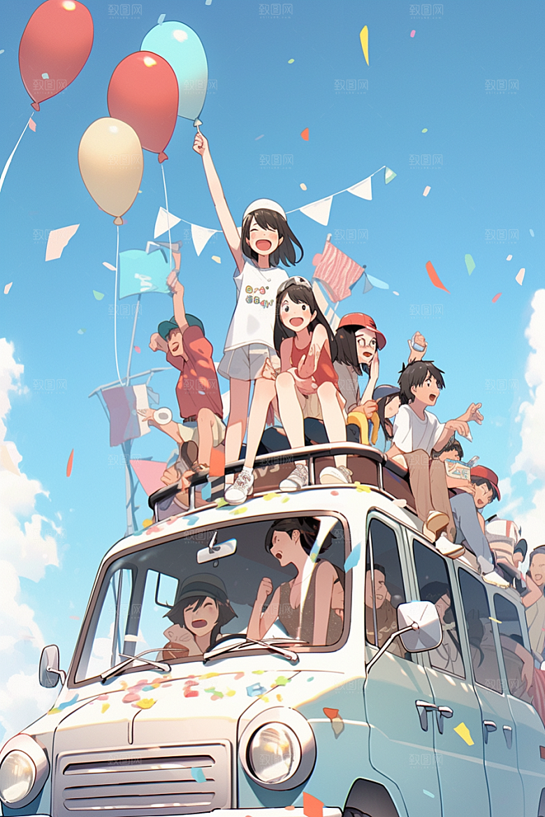 学生放暑假毕业旅游放假了插画