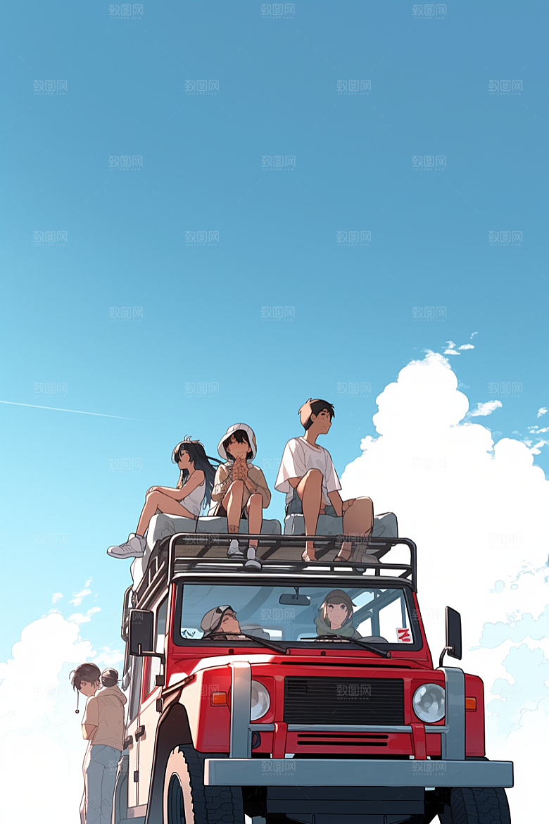 学生放暑假快乐结伴插画