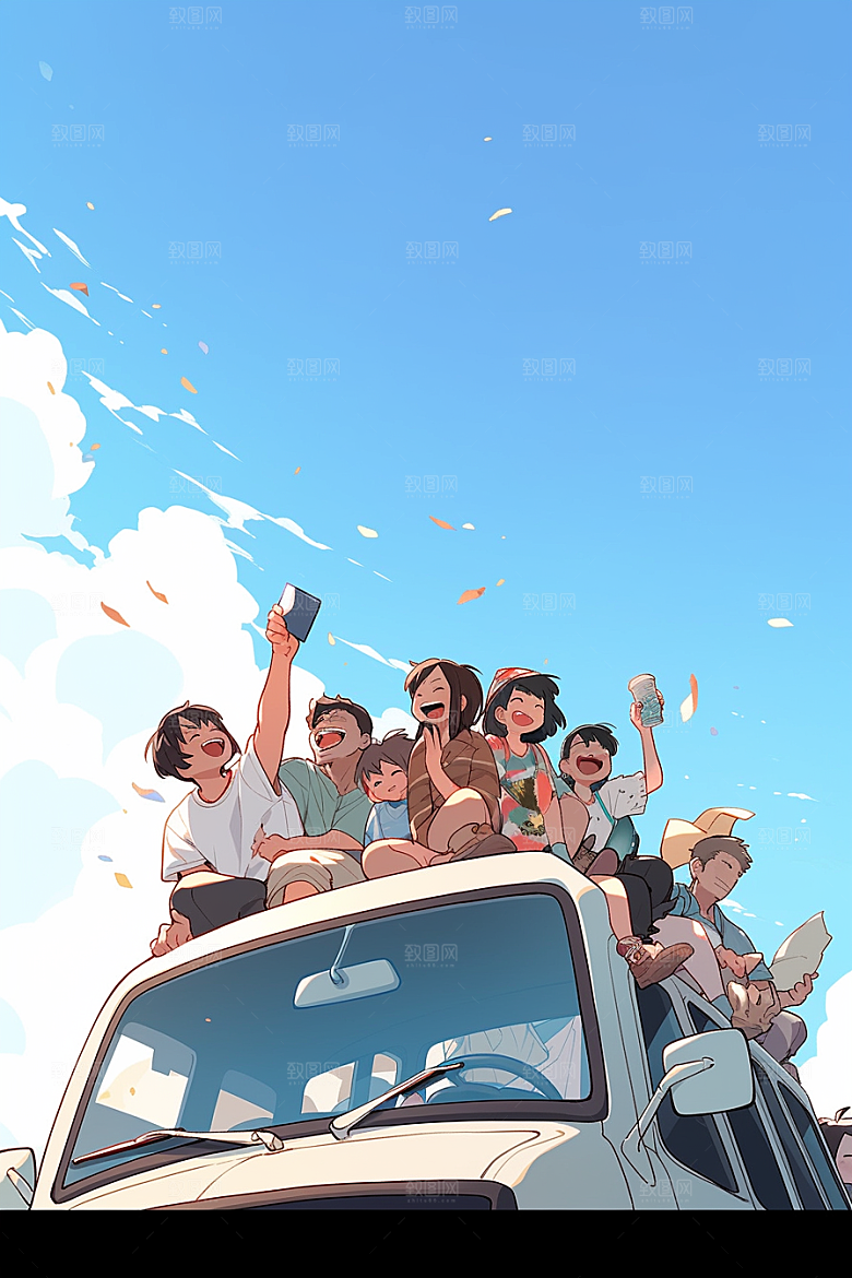学生放暑假漫画风旅游插画